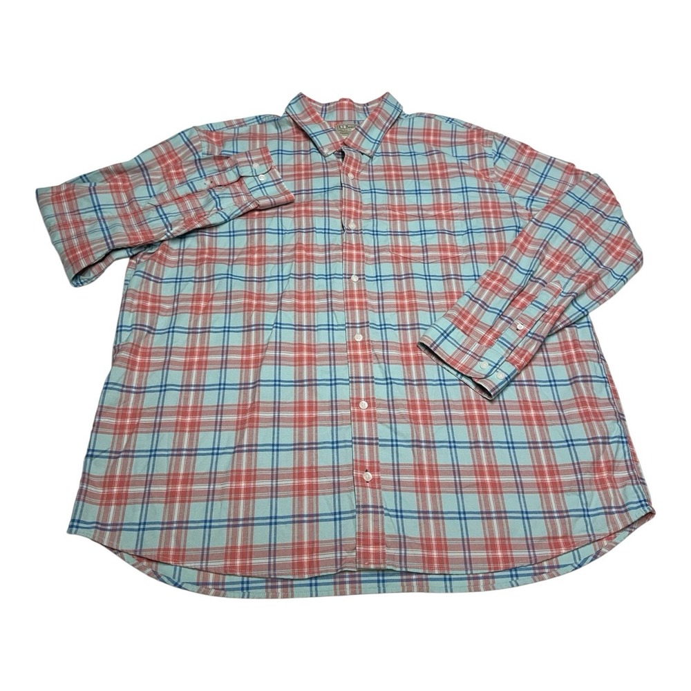 LL Bean Shirt Mens Sz XXL Blue Red Plaid Flannel‎ Long Sleeve Button Up Stretch